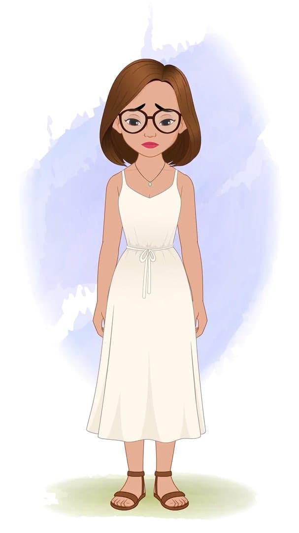A sad gorgeous woman in white dress animated vector cartoon character AKA Natasha