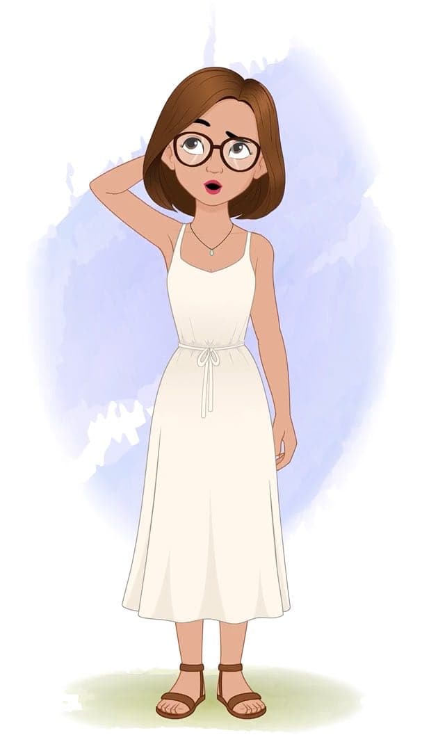 A confused gorgeous woman in white dress animated character cartoon vector AKA Natasha
