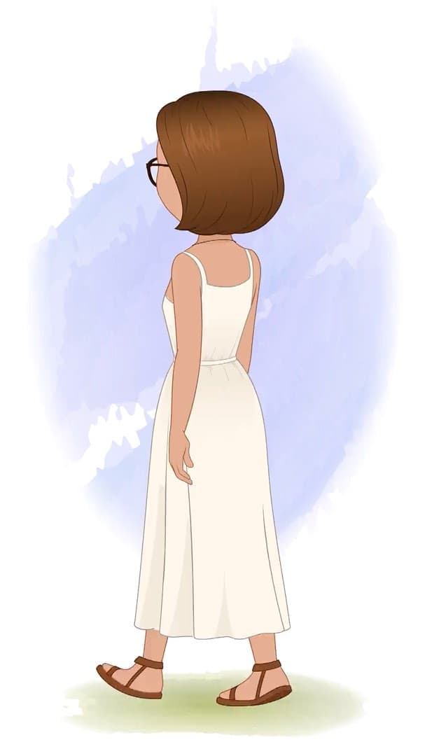 A gorgeous woman in white dress walking in back third view animated vector cartoon character AKA Natasha