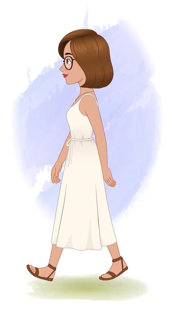 A gorgeous woman in white dress side walking animated vector cartoon character AKA Natasha