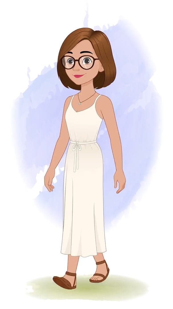 A gorgeous woman in white dress walking animated vector cartoon character AKA Natasha