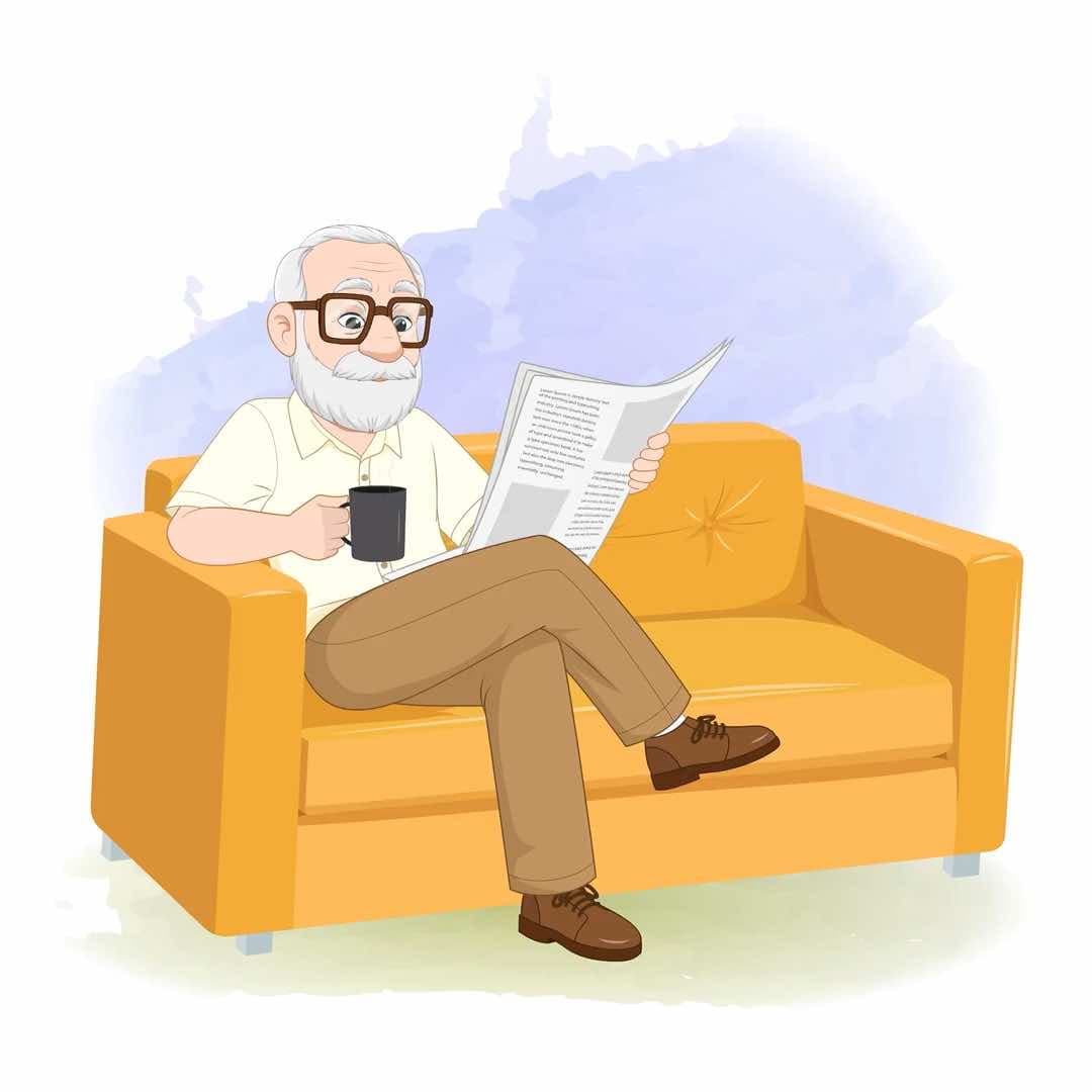 An old man reading newspaper animated vector cartoon character AKA Tom