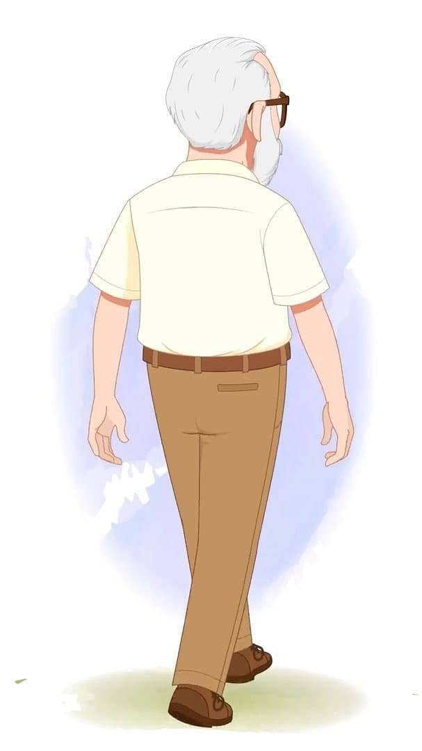 An old man walking in back third view animated vector cartoon character AKA Tom