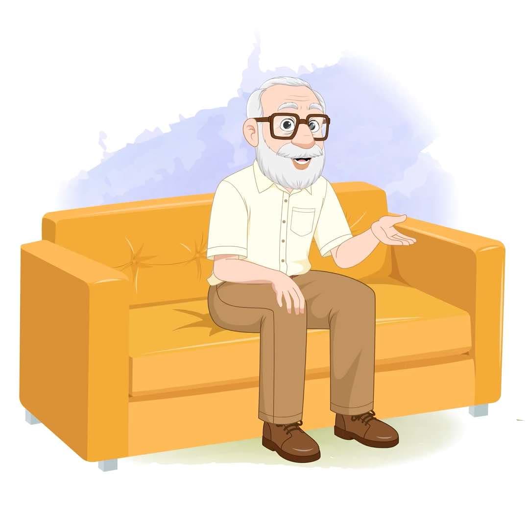 An old man talking while sitting animated vector cartoon character AKA Tom