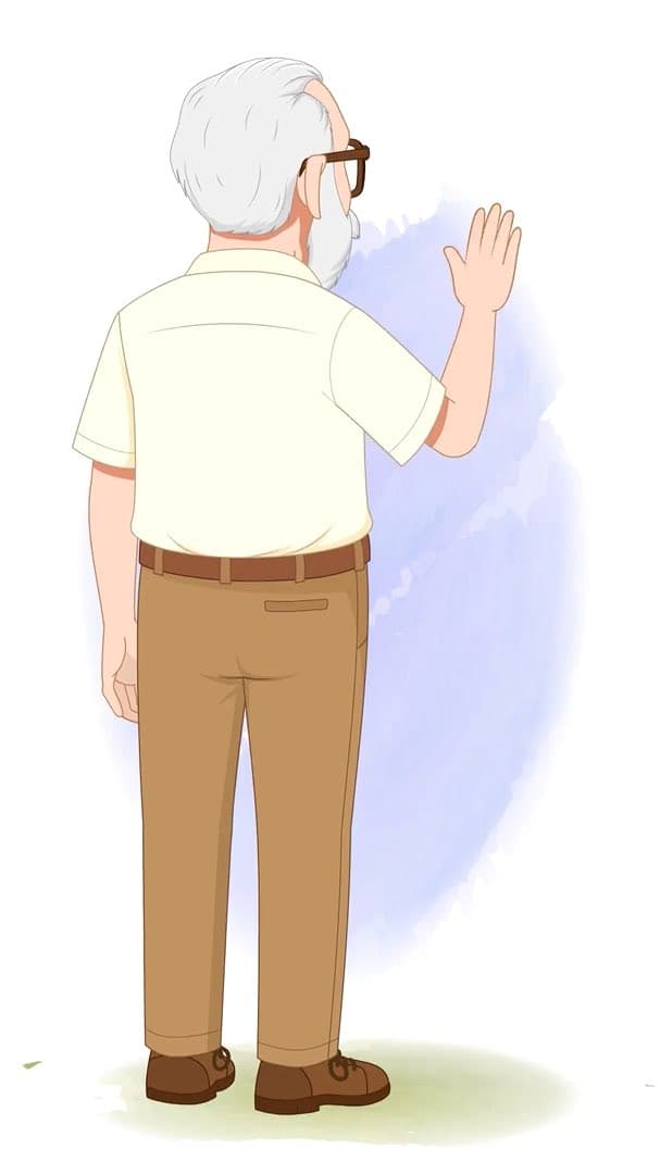 An old man saying hi in back third view animated vector cartoon character AKA Tom