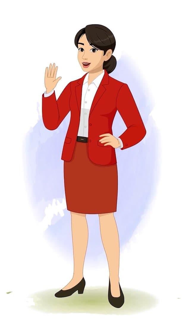 A young lady in red dress saying hi animated cartoon character AKA Peggy