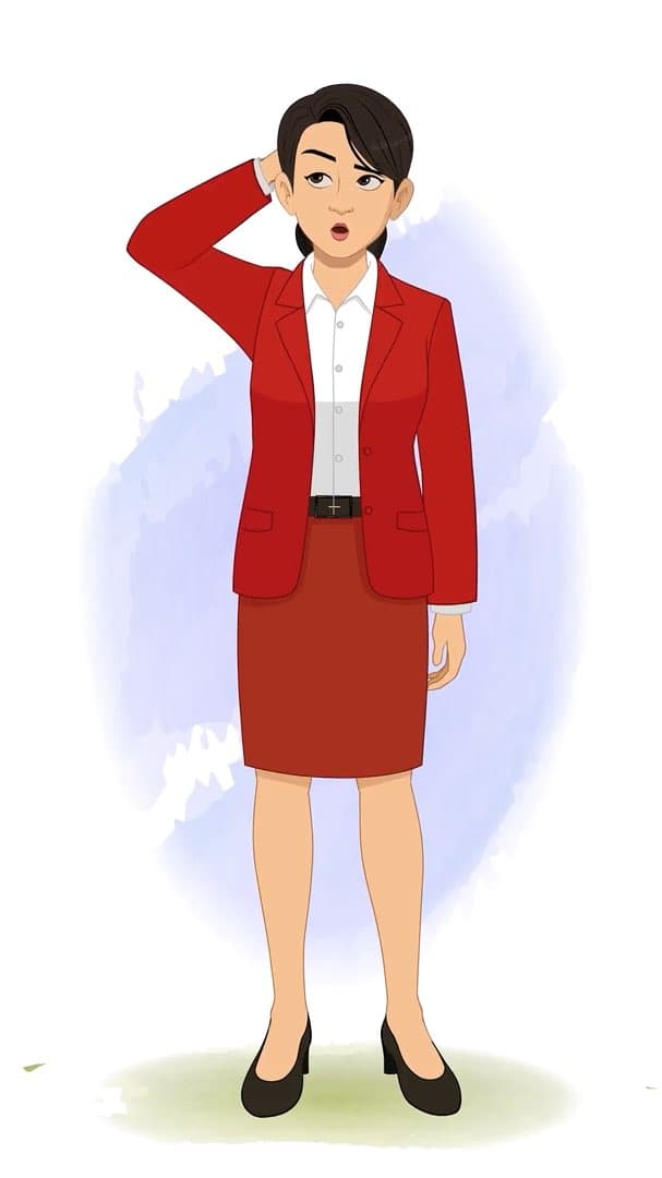 A confuse young lady in red dress animated cartoon character AKA Peggy