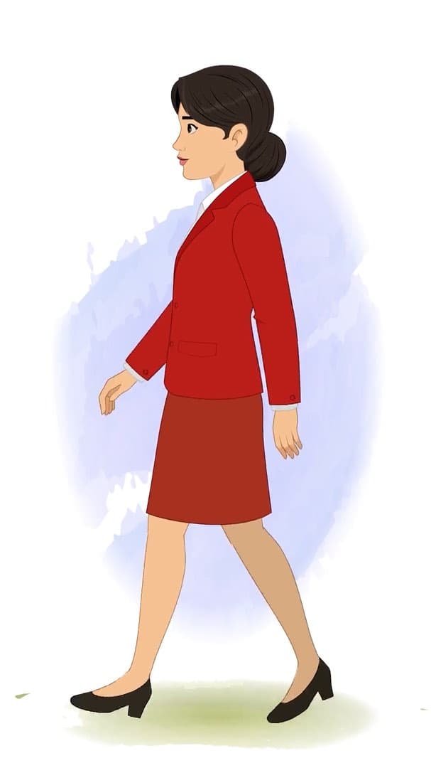 A young lady in red dress side walking animated cartoon character AKA Peggy