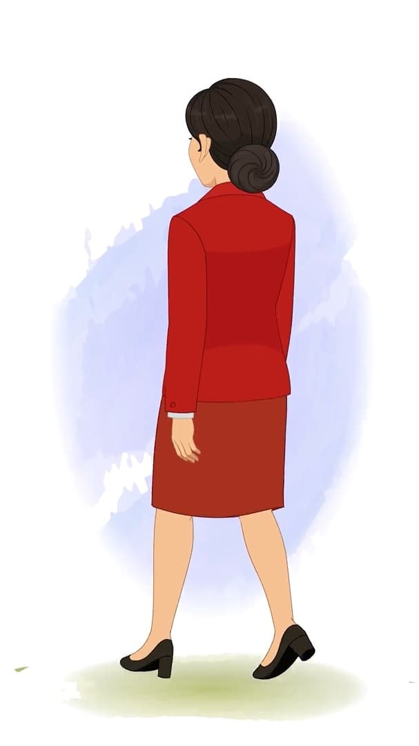 A young lady in red dress walking back view animated cartoon character AKA Peggy
