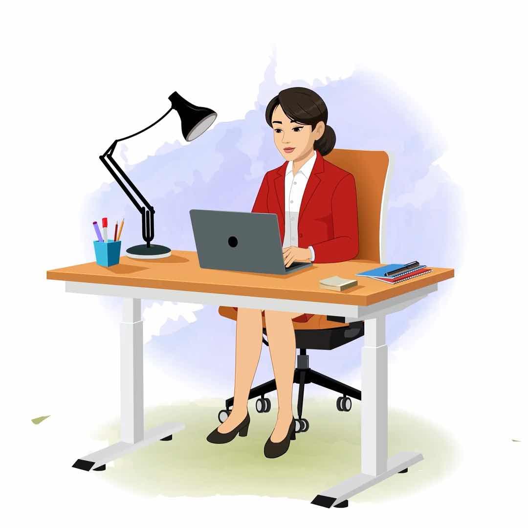 A young lady in red dress working on laptop animated cartoon character AKA Peggy