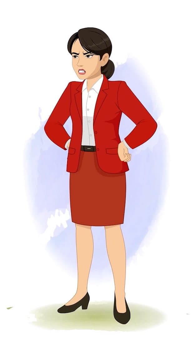 An angry young lady in red dress animated cartoon character AKA Peggy