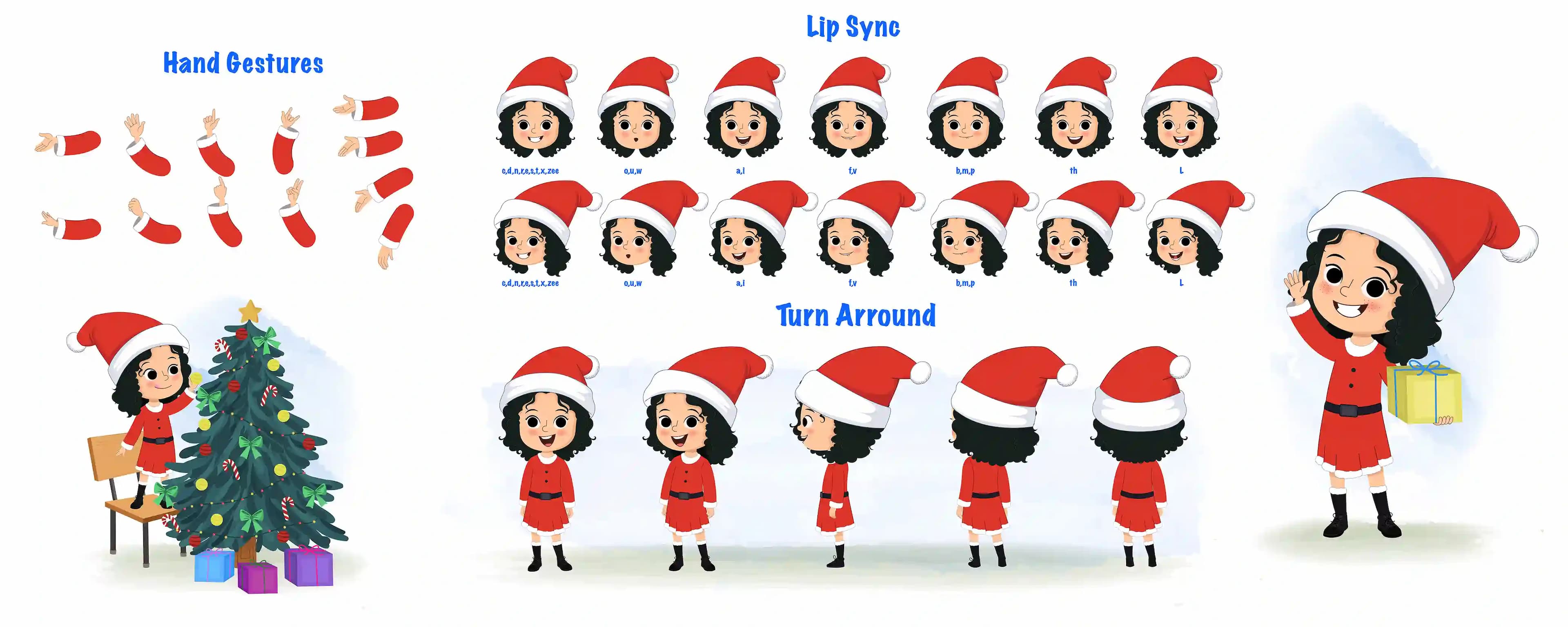 A christmas girl cartoon character construction/model sheet aka tina