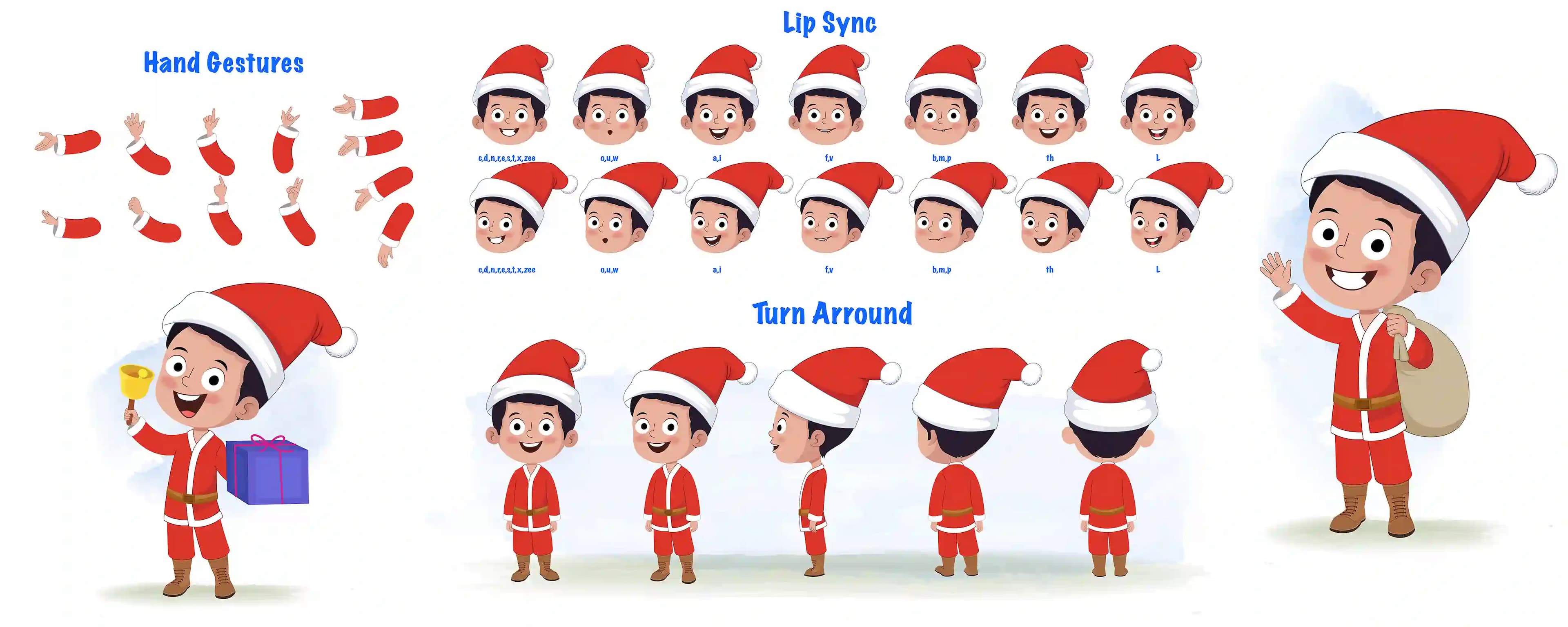 A christmas boy cartoon character construction/model sheet aka tim