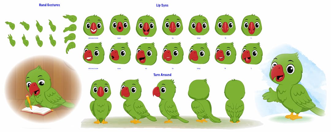A green parrot  model sheet  vector cartoon character model sheet, turnaround sheet, hand gestures, lip-sync set AKA Mithu