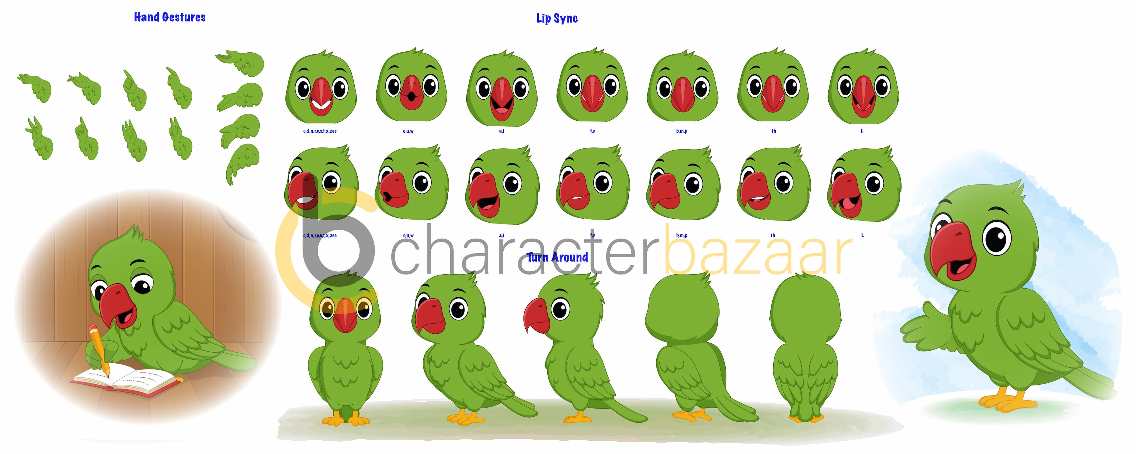 A green parrot  model sheet  vector cartoon character model sheet, turnaround sheet, hand gestures, lip-sync set AKA Mithu