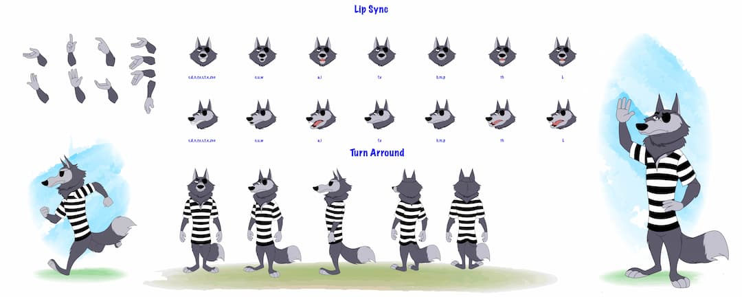 thief wolf animal cartoon character construction/model sheet