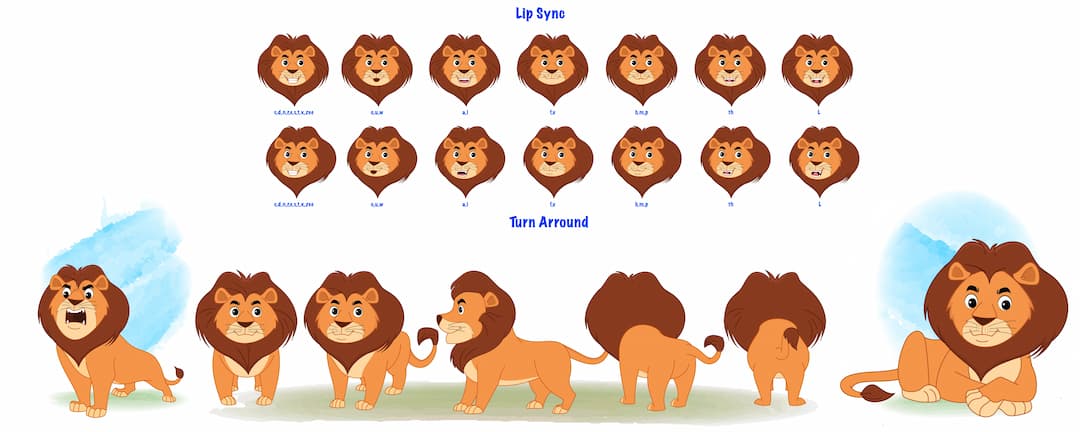 cute lion cartoon character construction/model sheet