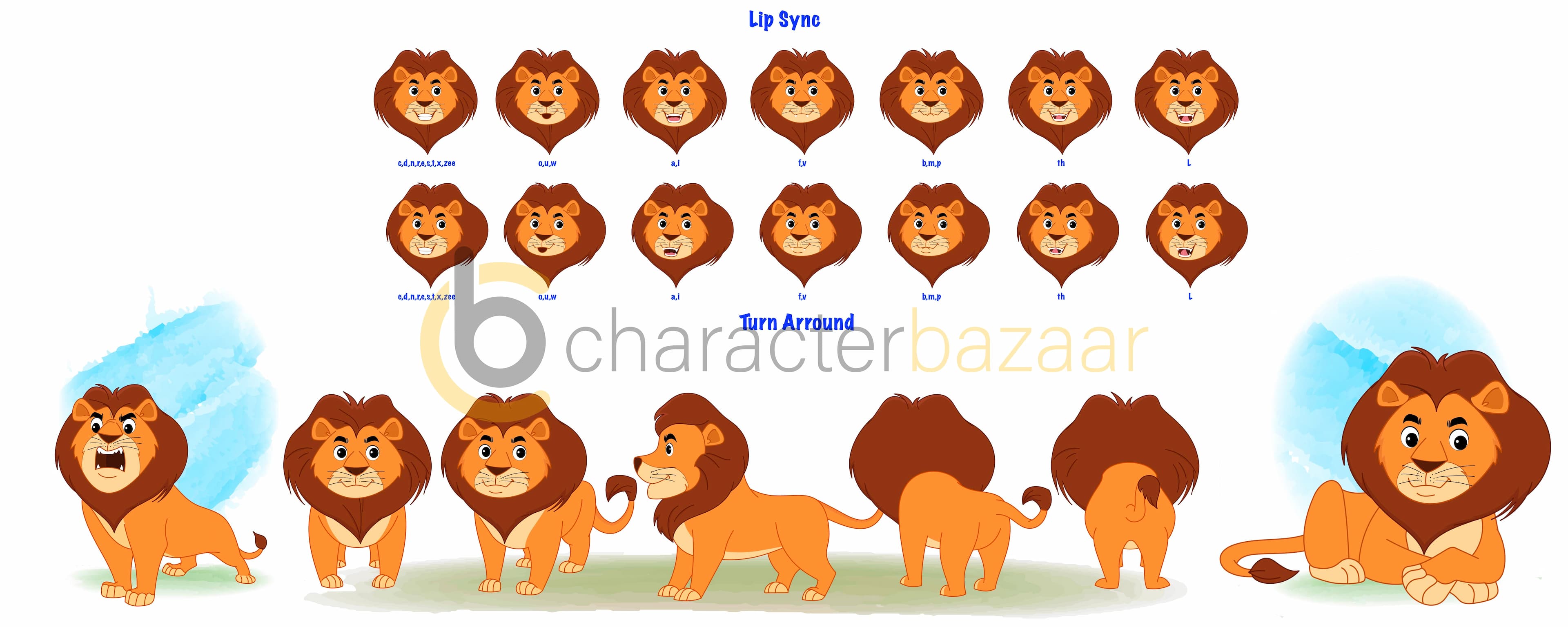 cute lion cartoon character construction/model sheet