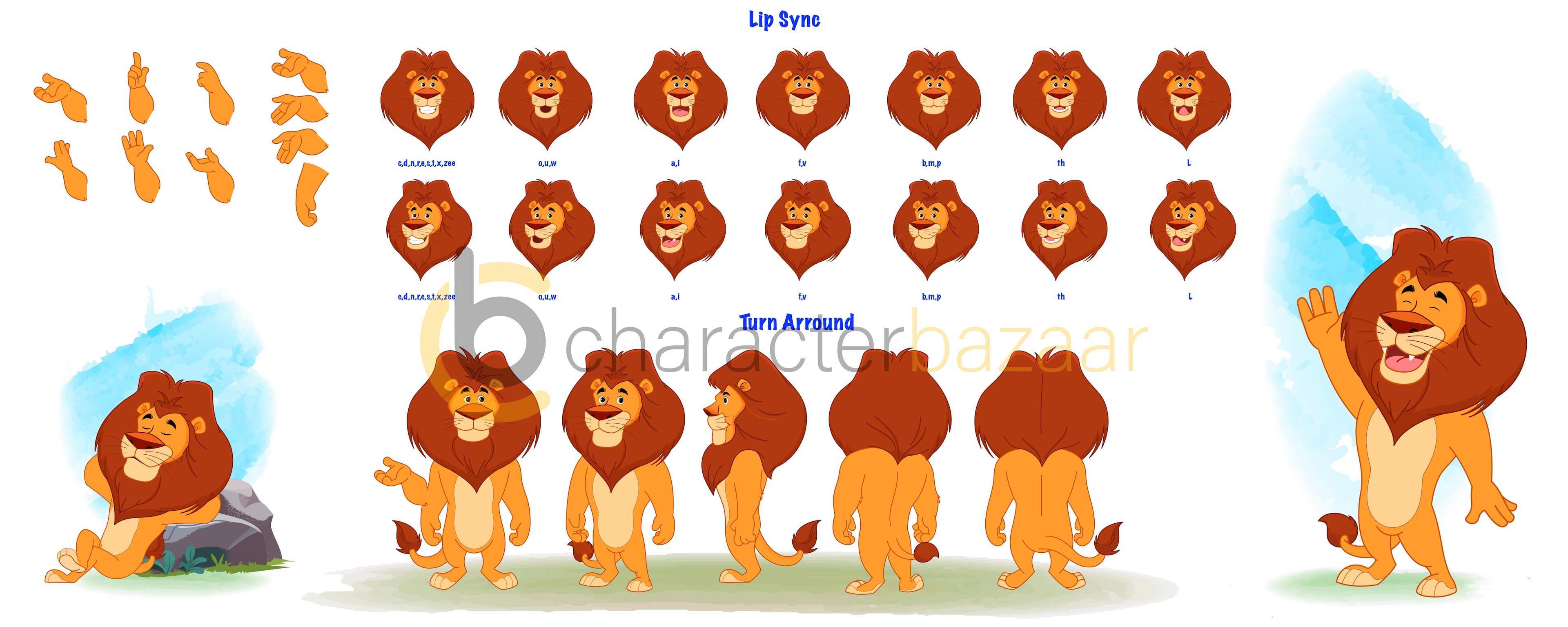 lion cartoon character construction/model sheet