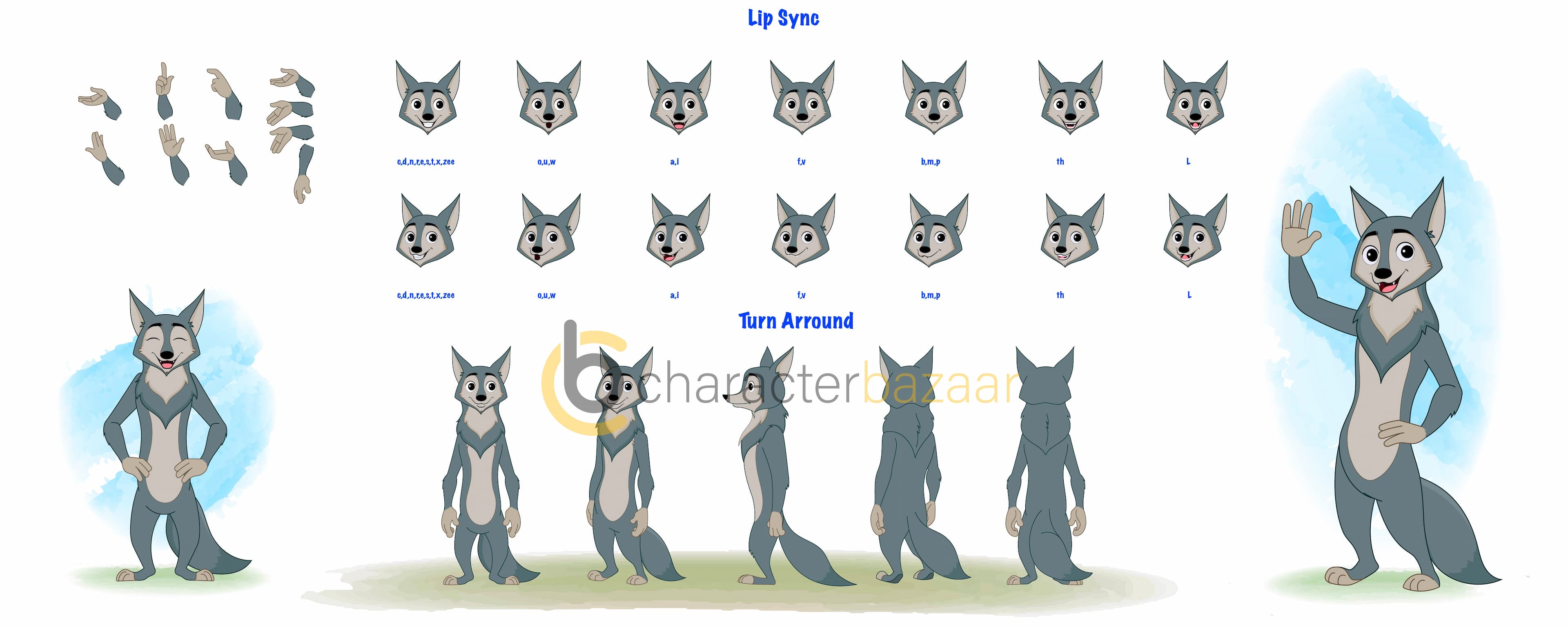 Gray wolf cartoon character construction/model sheet