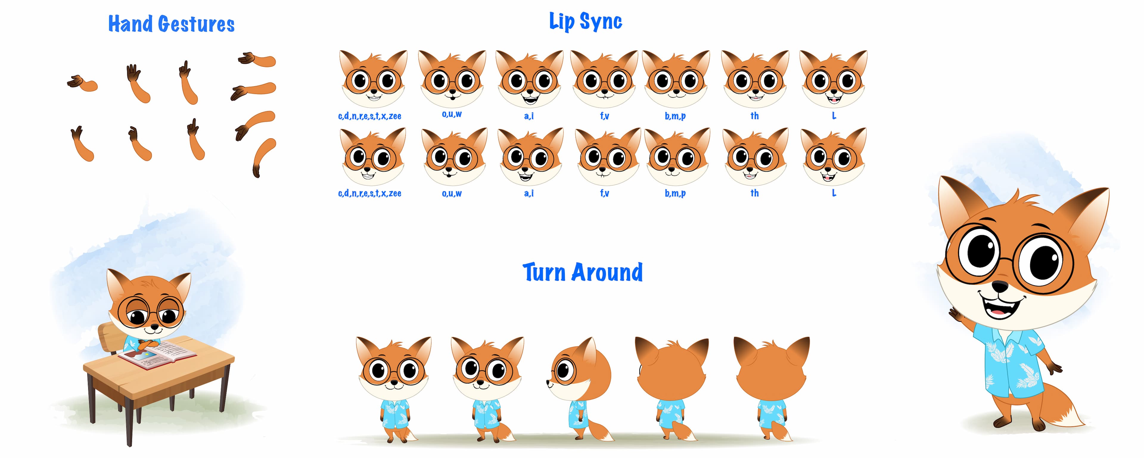 A cute little fox cartoon character construction/model sheet aka blaze the fox