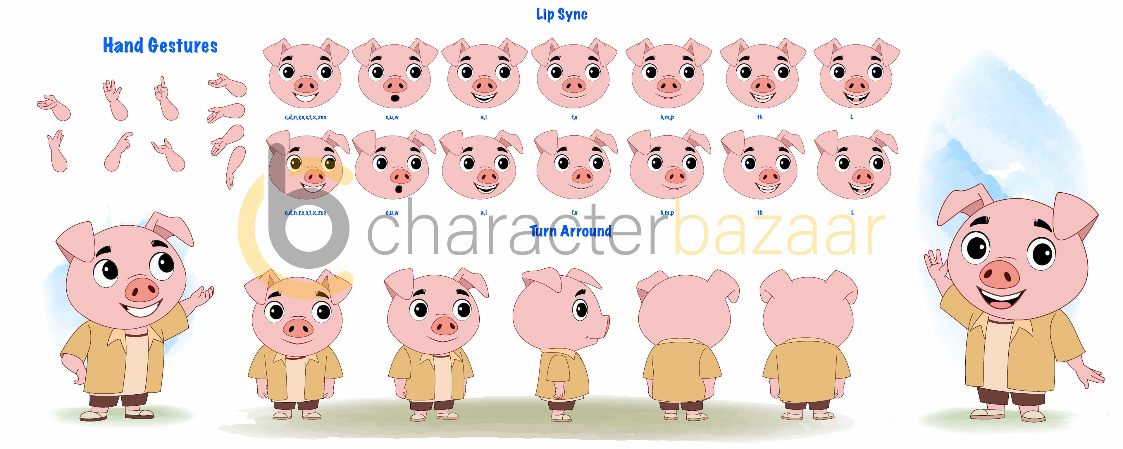 A cute pig cartoon character construction/model sheet,pig hand gesture aka puffy the pig
