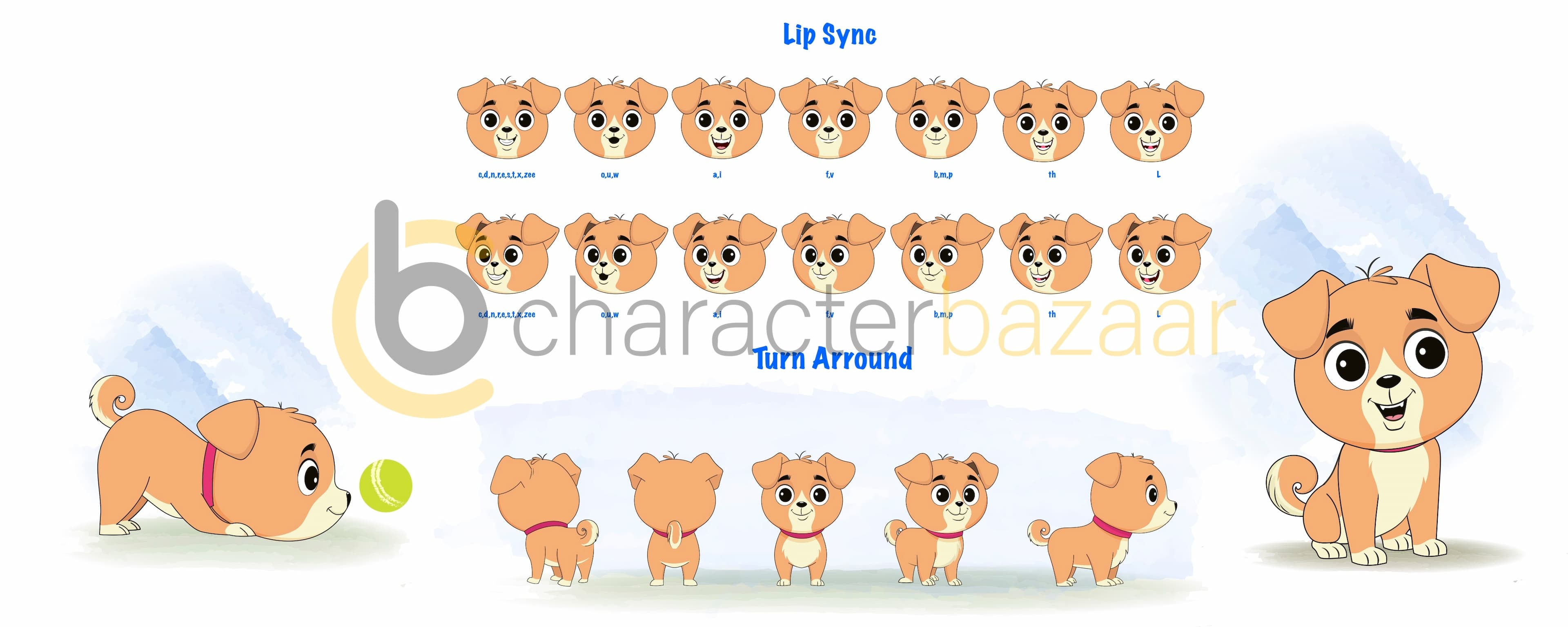 A little dog cartoon character construction/model sheet aka rocky the dog