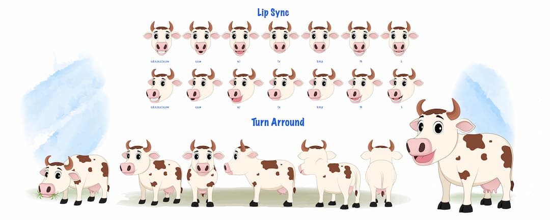 A cow cartoon character construction/model sheet,cow hand gesture aka choti the cow