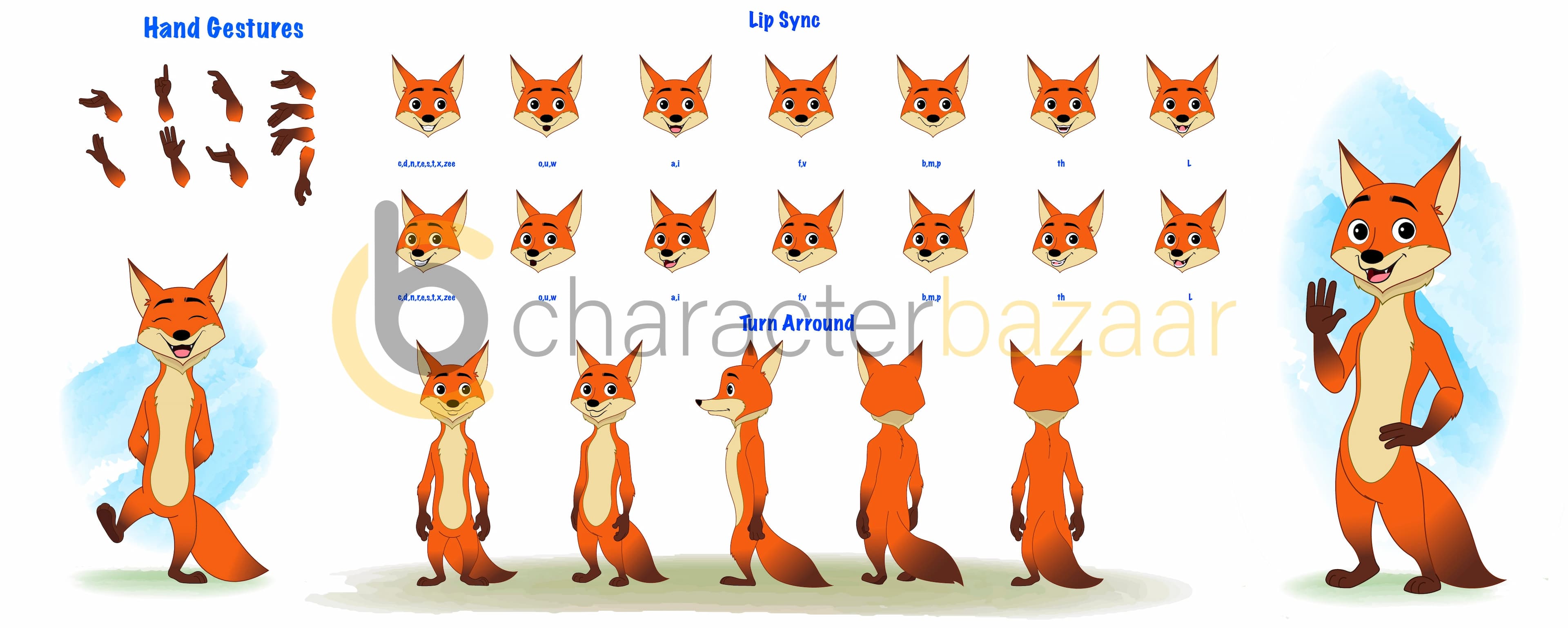 A little fox cartoon character construction/model sheet aka fuxo the fox