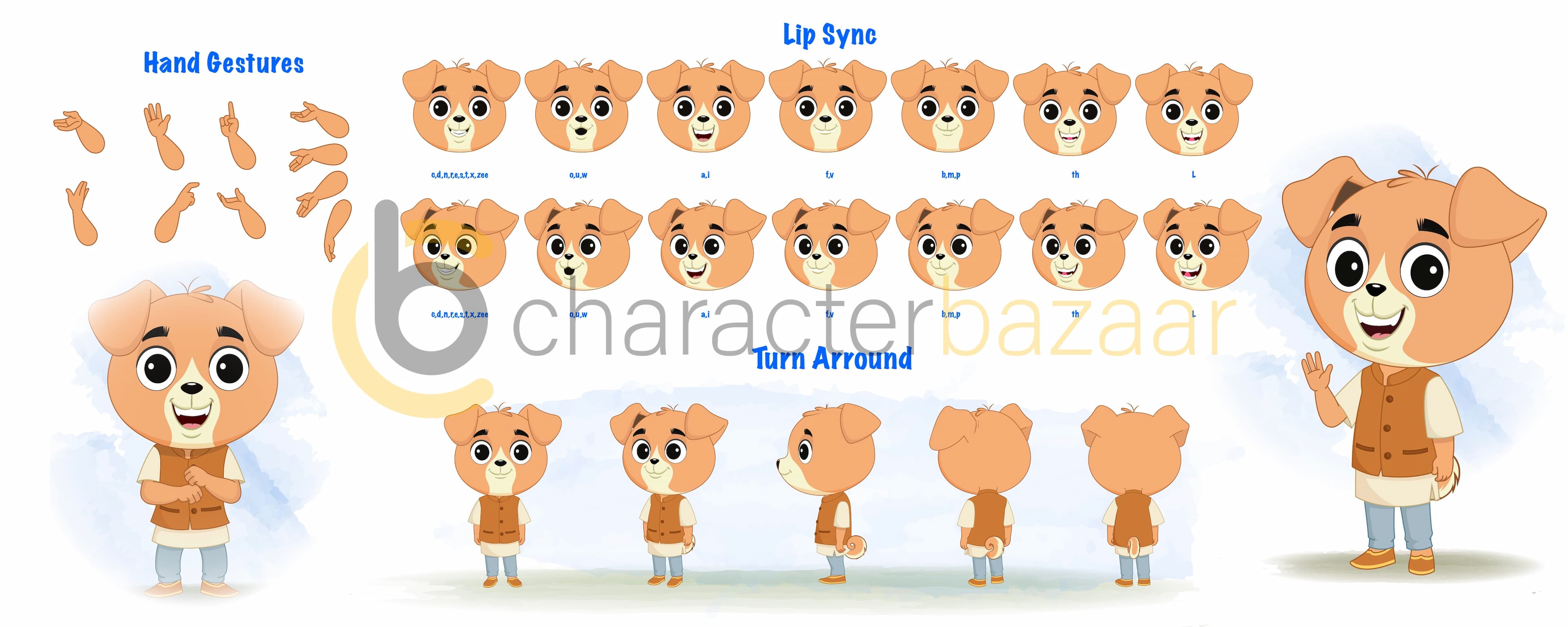 A cute little dog cartoon character construction/model sheet aka tara the dog