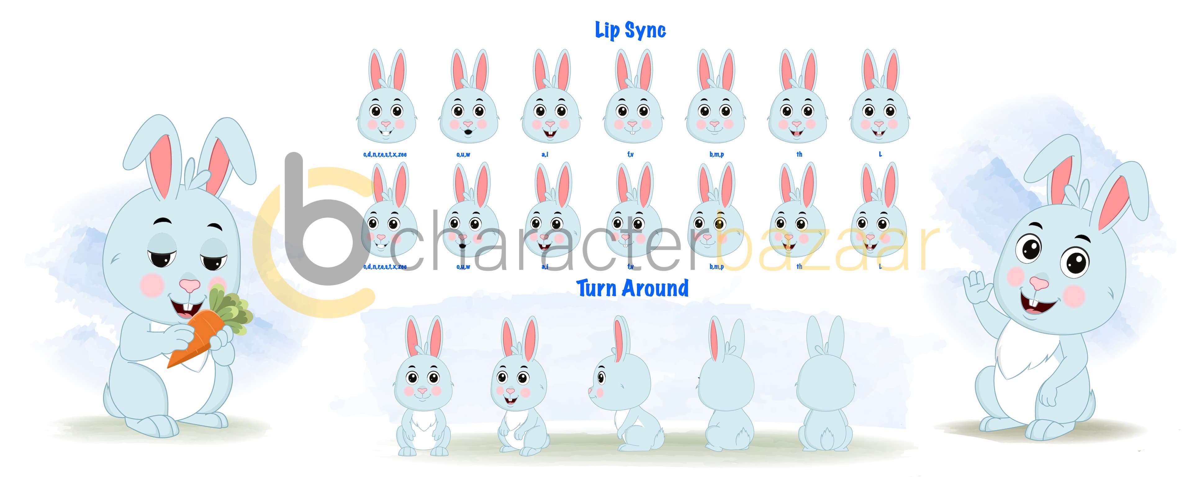 A cute rabbit cartoon character construction/model sheet aka drax the rabbit