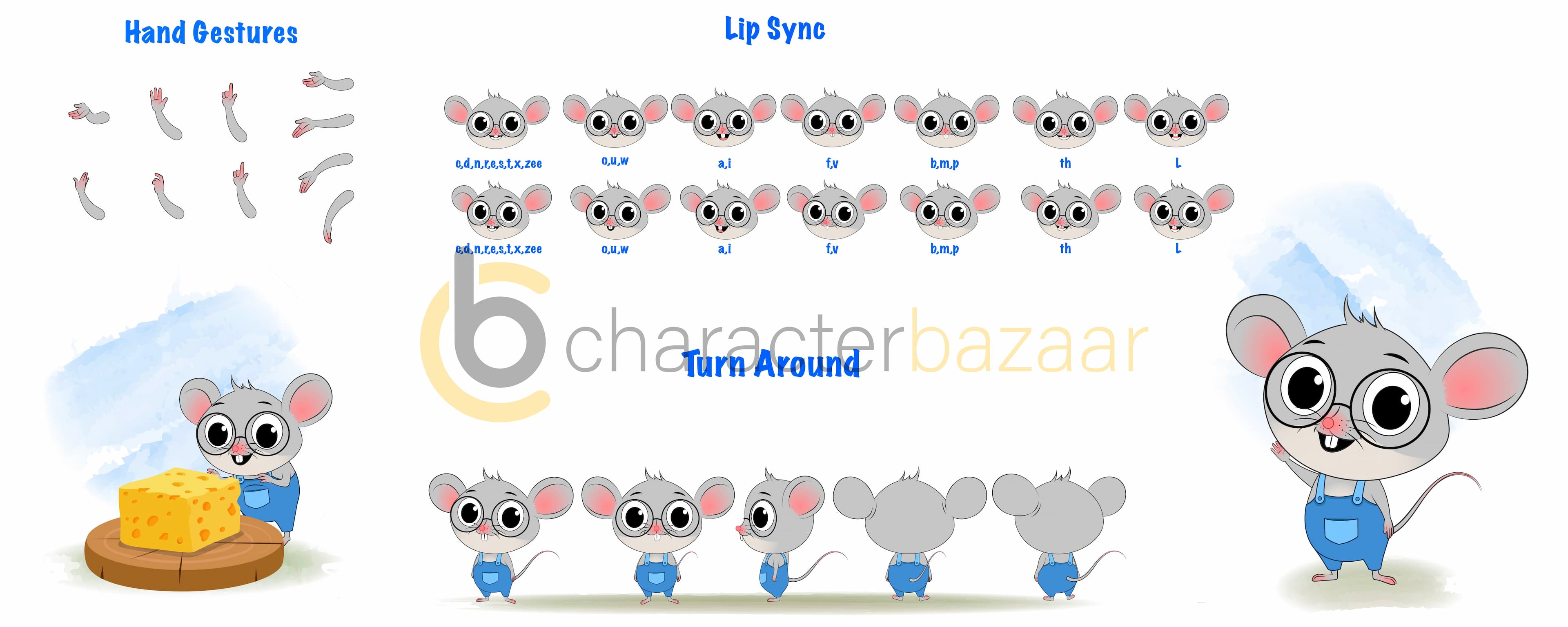 A cute mouse cartoon character construction/model sheet aka miles the mouse