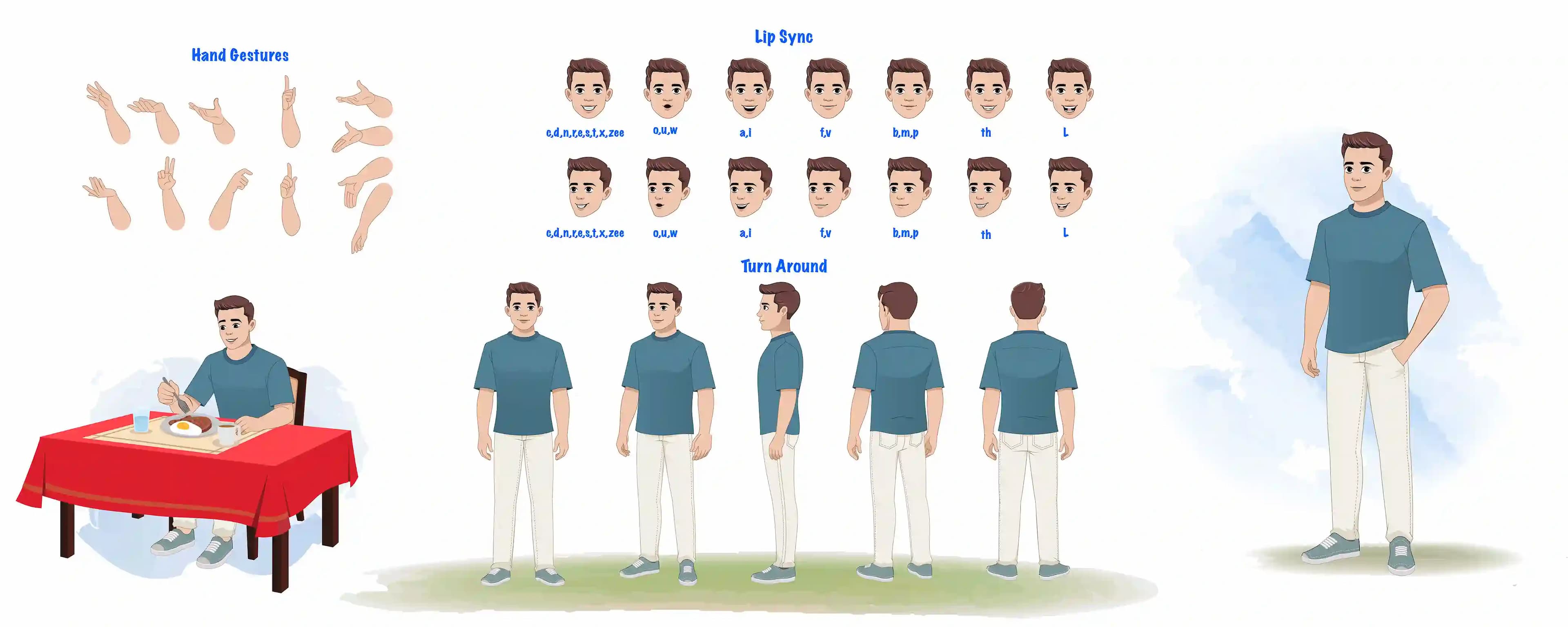 A man in casual clothes model sheet, turnaround sheet, hand gestures, lip-sync set AKA Taylor