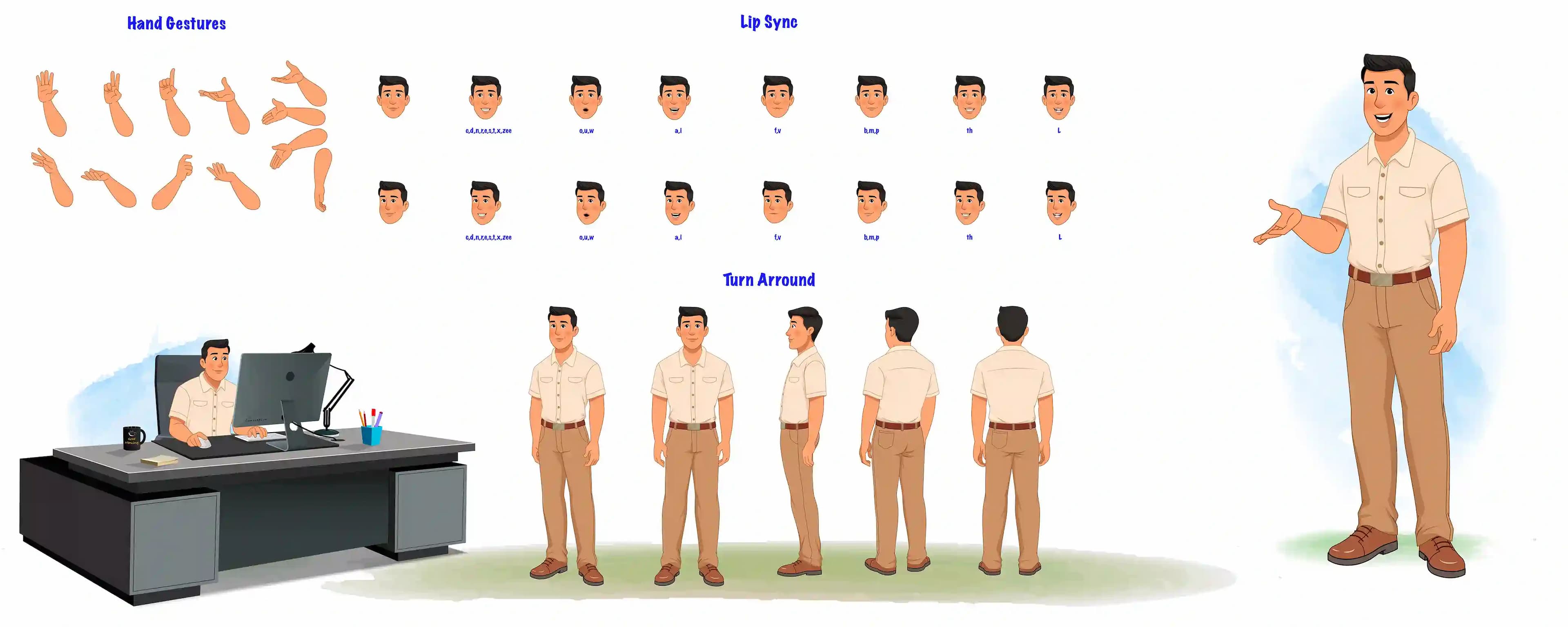 A casual office guy model sheet, turnaround sheet, hand gestures, lip-sync set AKA Peter
