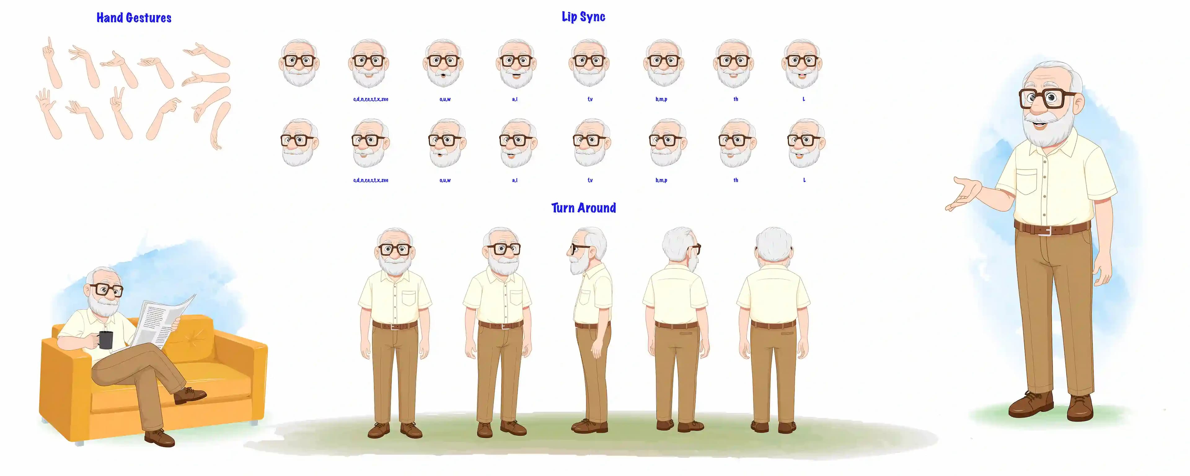 An old man model sheet, turnaround sheet, hand gestures, lip-sync set AKA Tom