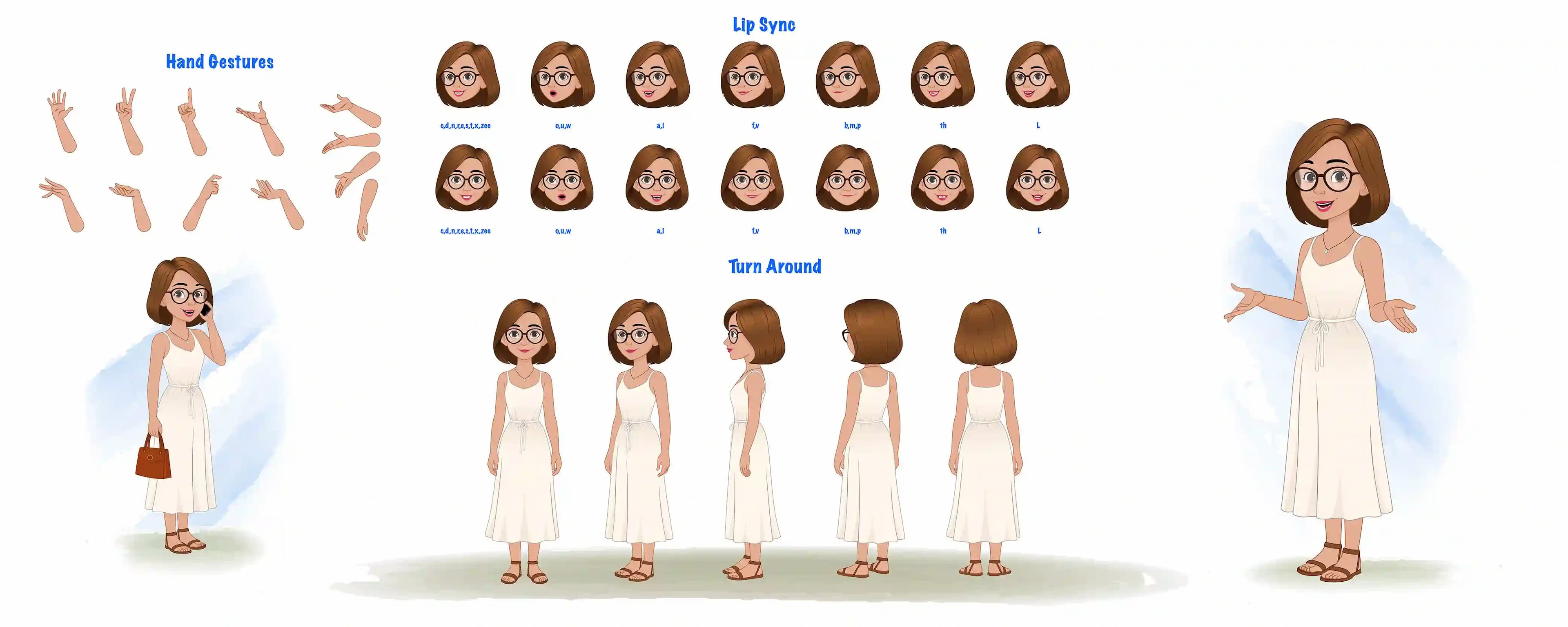 A gorgeous woman in white dress model sheet, turnaround sheet, hand gestures, lip-sync set AKA Natasha