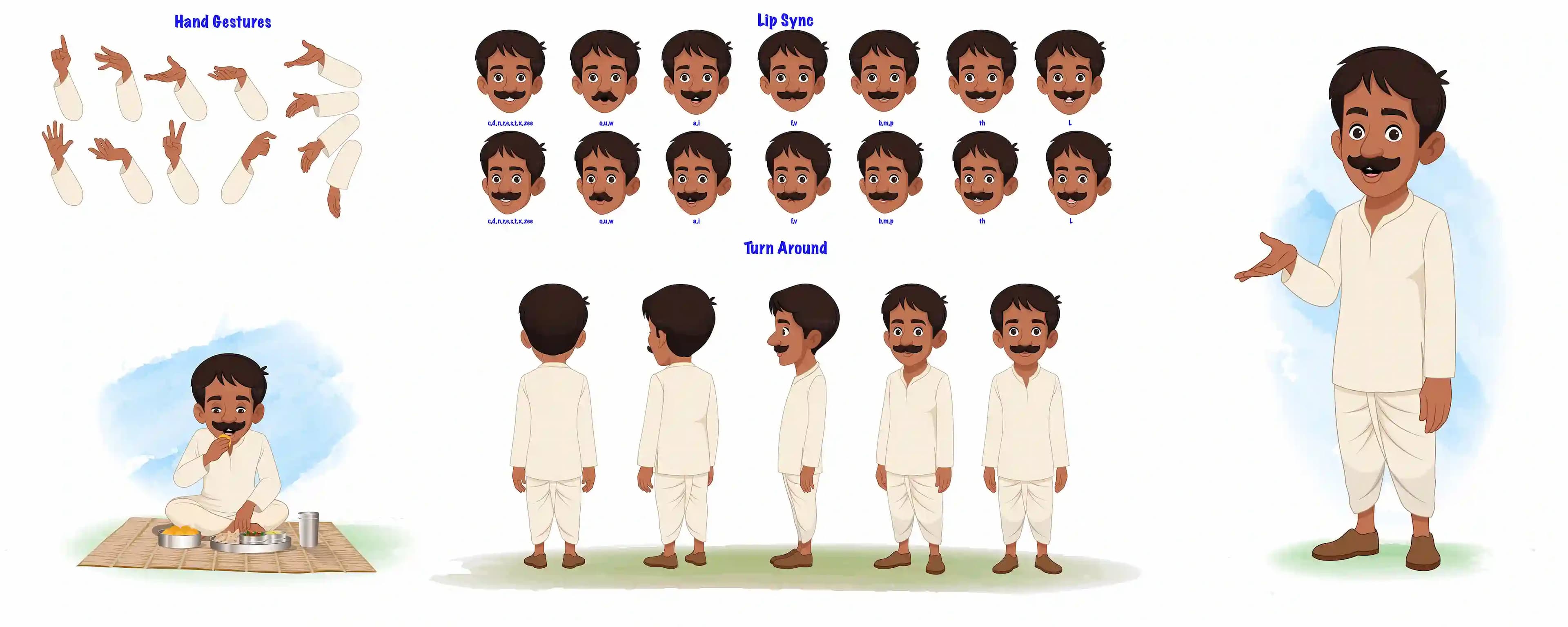 A young Indian village man model sheet, turnaround sheet, hand gestures, lip-sync set AKA Kishore Kumar