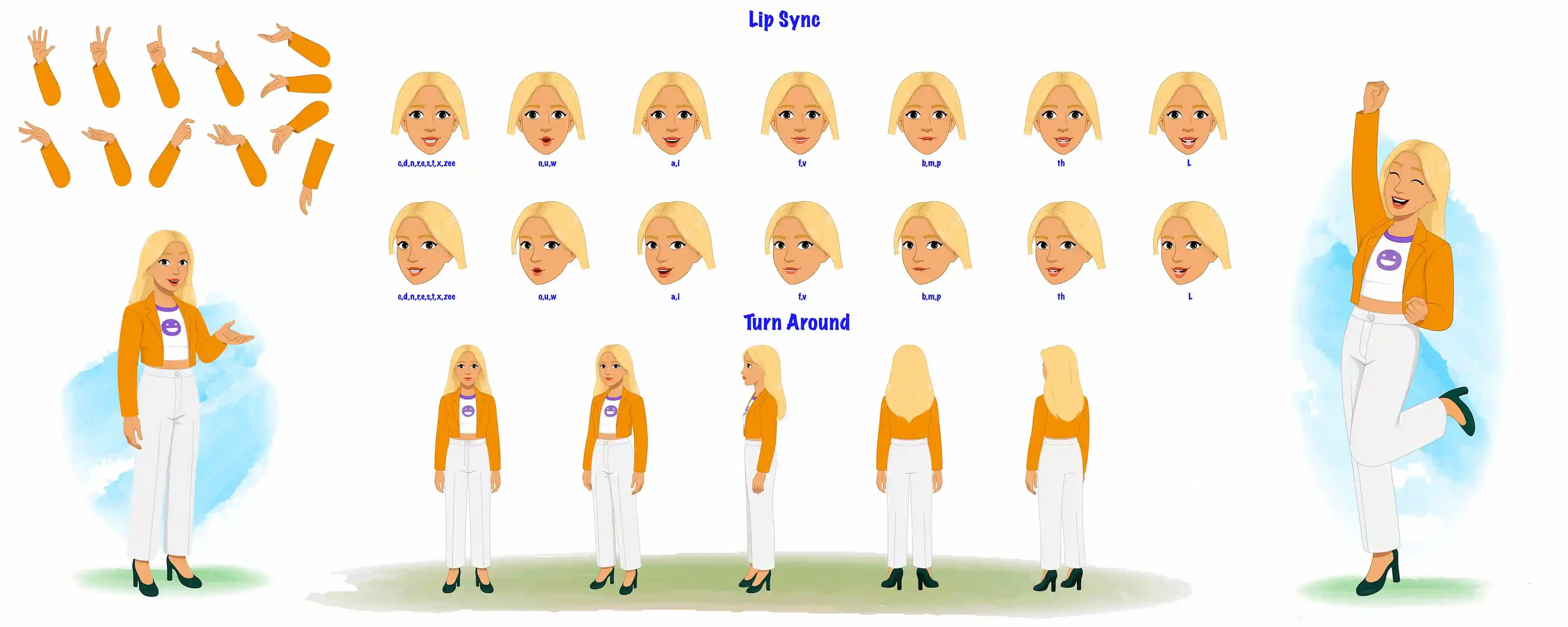 A pretty American woman model sheet,turnaround sheet, hand gesture and lip-sync AKA Georgia