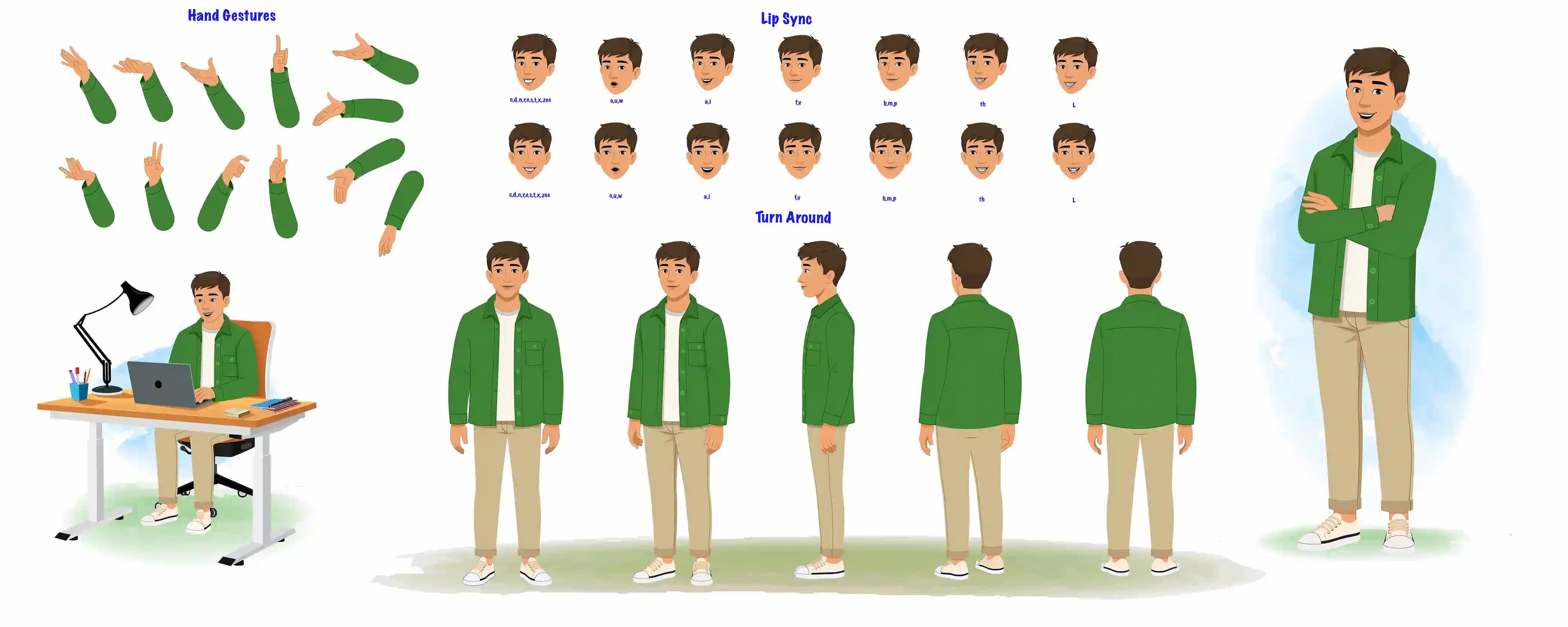 A young man model sheet /turnaround sheet, hand gesture and lip-sync AKA Aarav