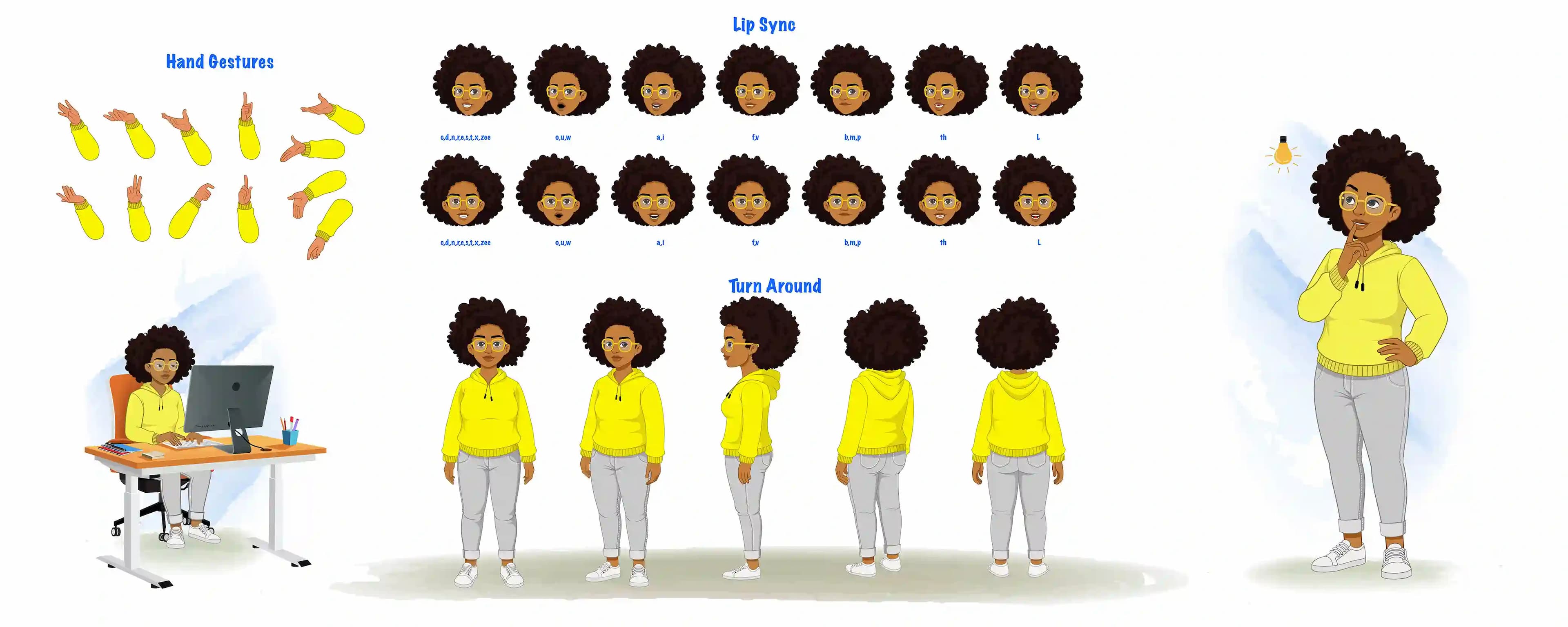 An African American Woman Cartoon Character Model Sheet with Hand Gestures & Lip-Sync aka Sofia
