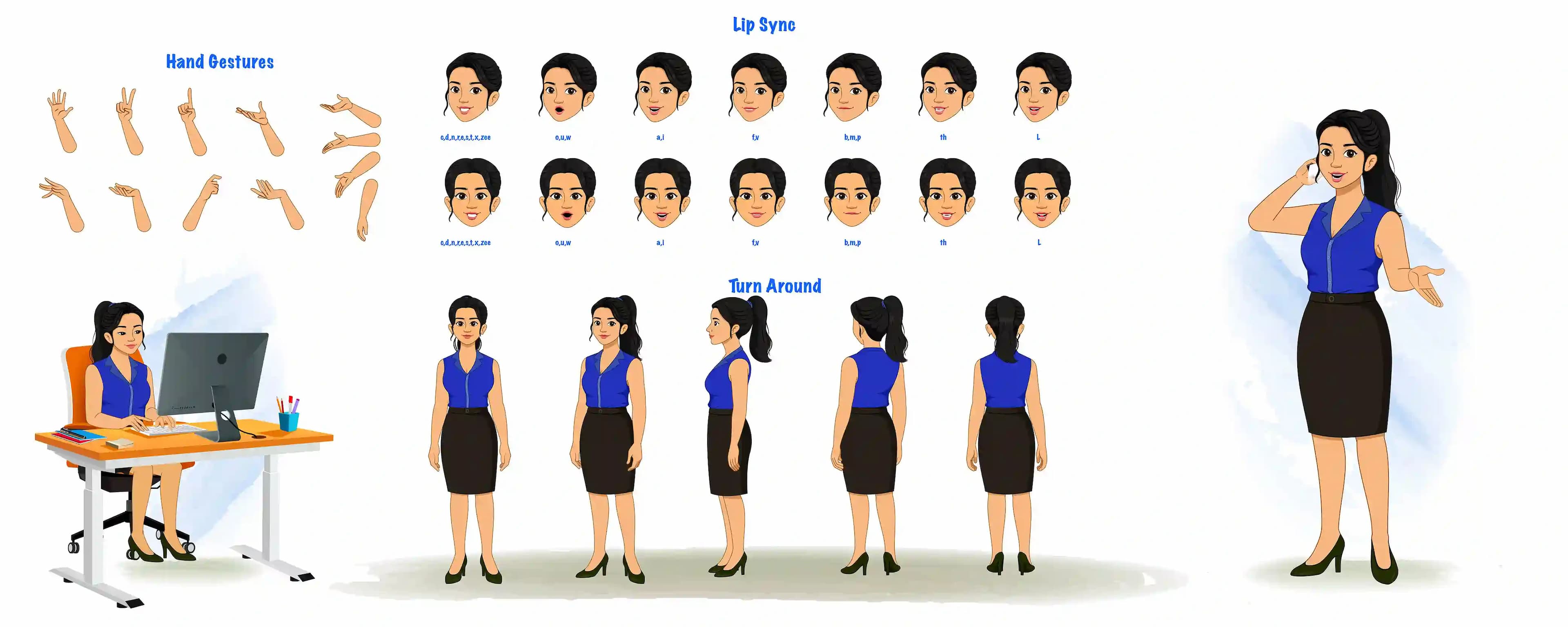A female employee model sheet, turnaround sheet, hand gestures, lip-sync set AKA Sophia