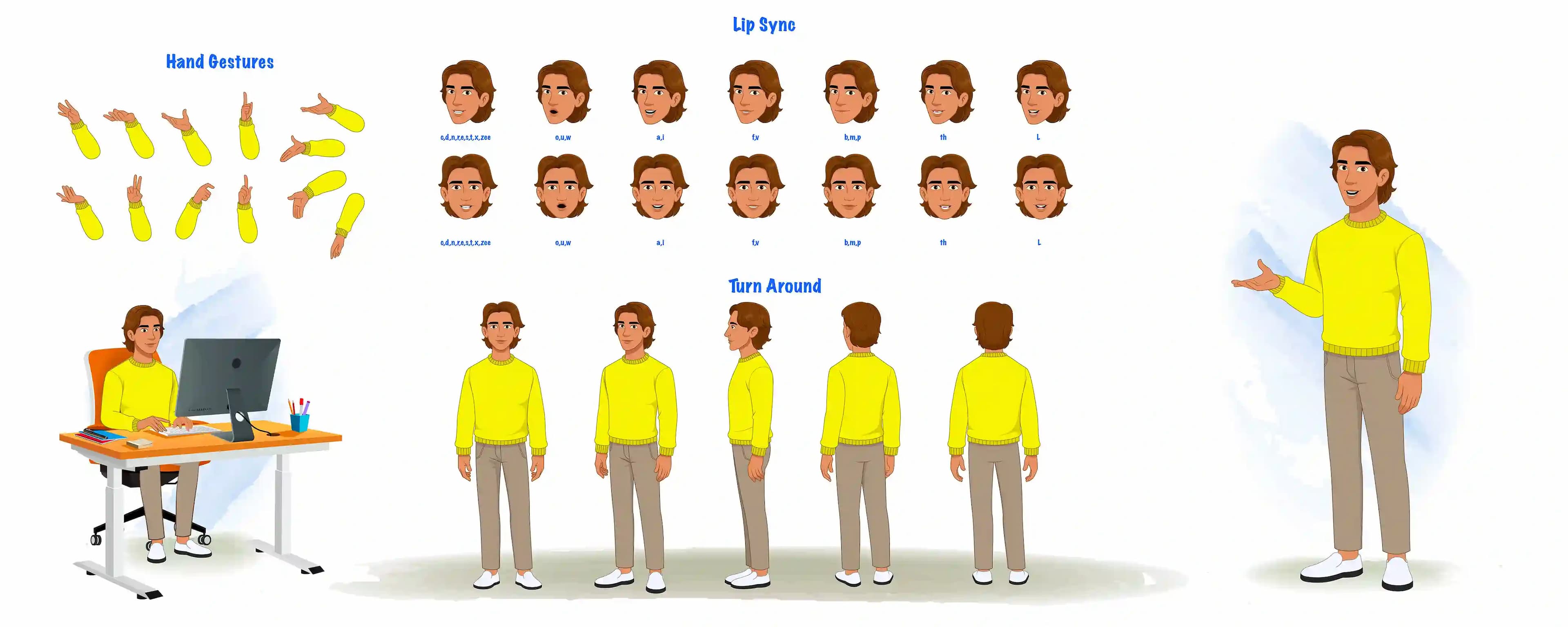 A handsome man in casual clothes, turnaround sheet, hand gestures, lip-sync set AKA Chris