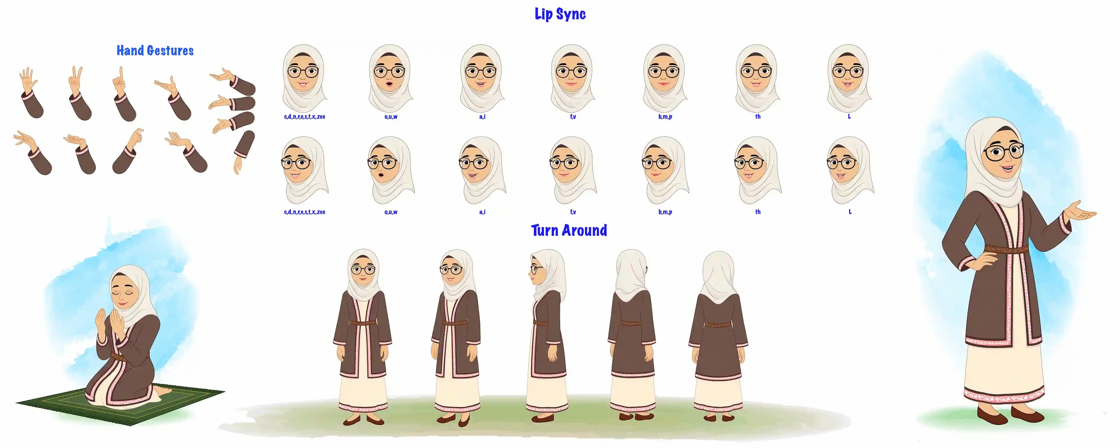 A muslim woman model sheet , turnaround sheet, hand gestures, lip-sync set AKA Fatima