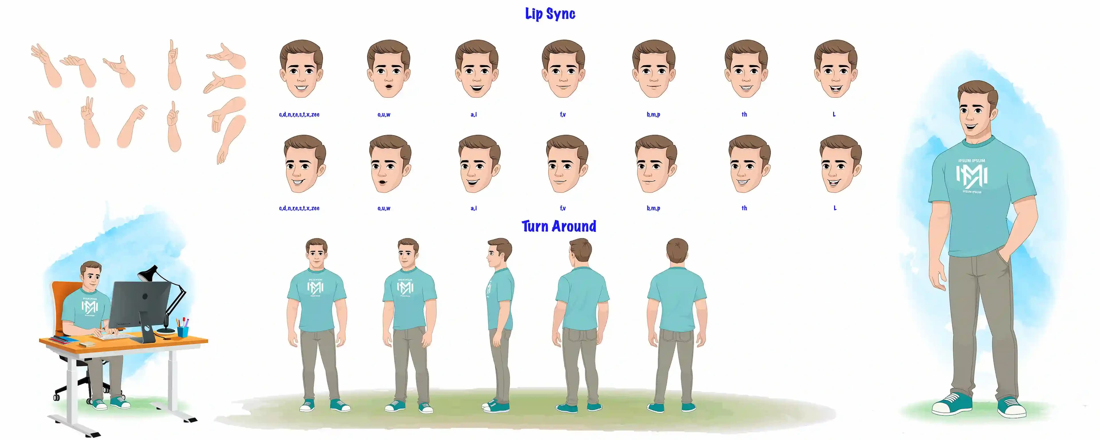 A handsome man model sheet vector cartoon character model sheet, turnaround sheet, hand gestures, lip-sync set AKA Sam
