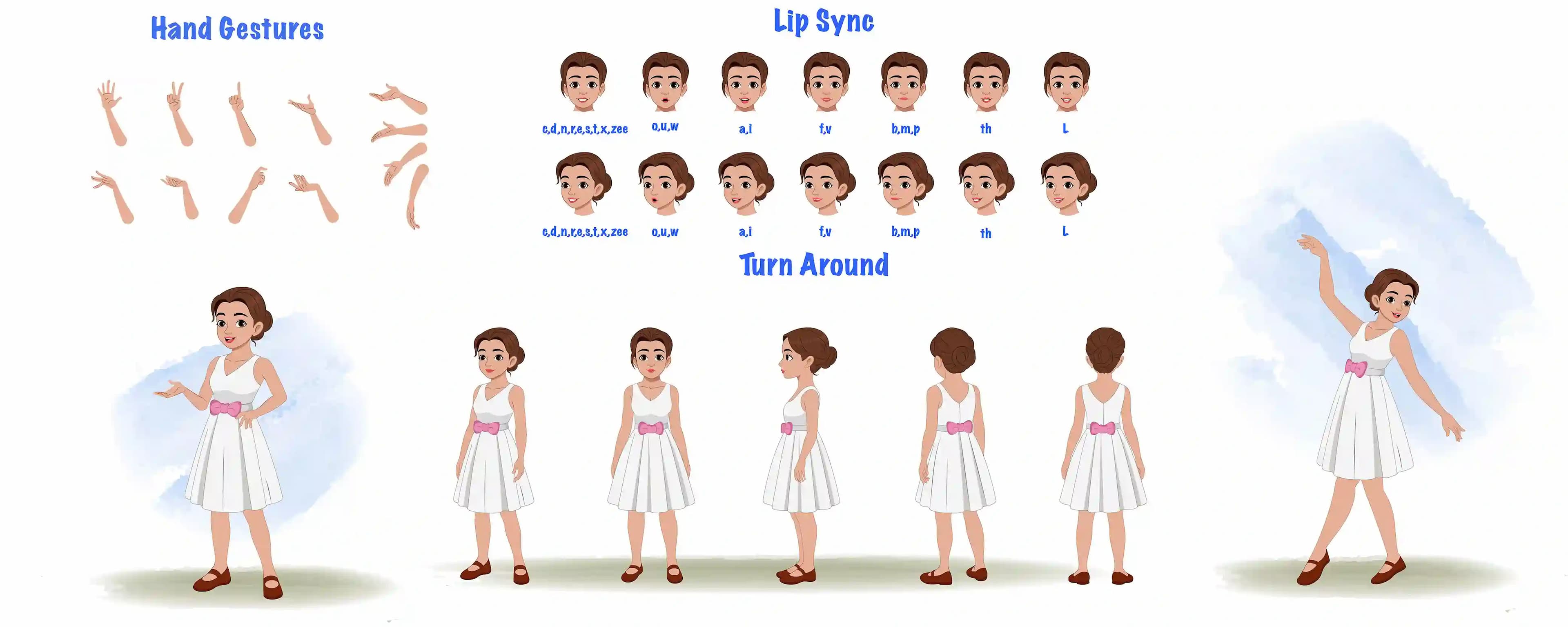 A belly dancer model sheet  vector cartoon character model sheet, turnaround sheet, hand gestures, lip-sync set AKA Luna