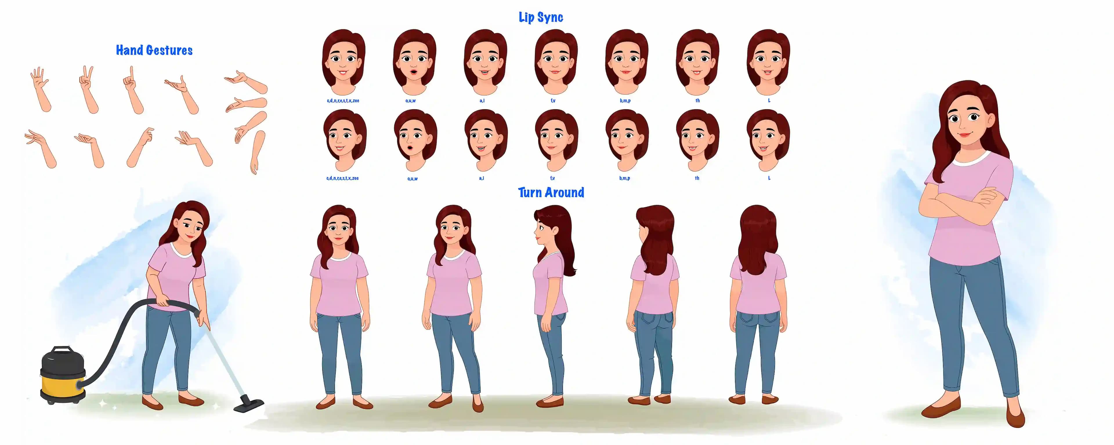 A pretty young woman cartoon character construction/model sheet aka Emily