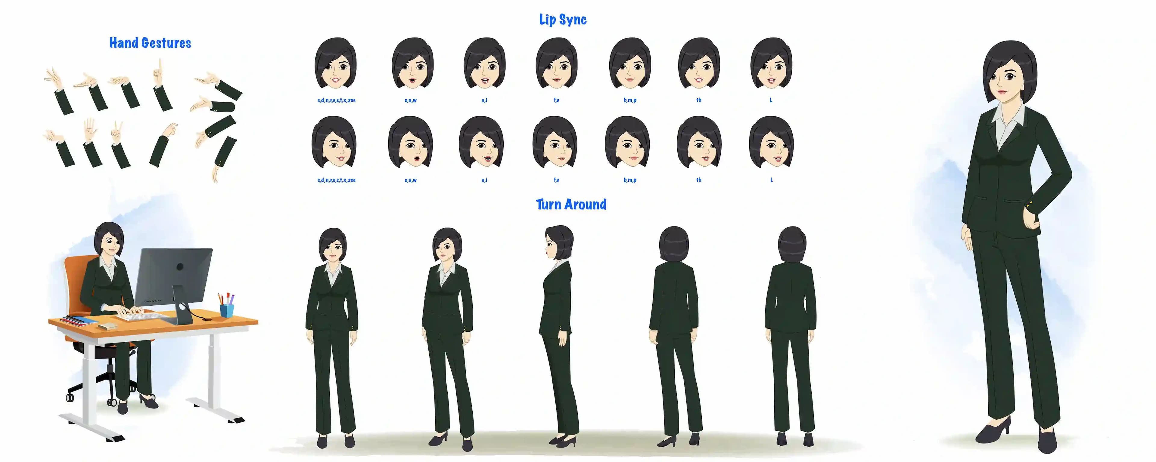 A business woman cartoon character construction/model sheet aka ariya