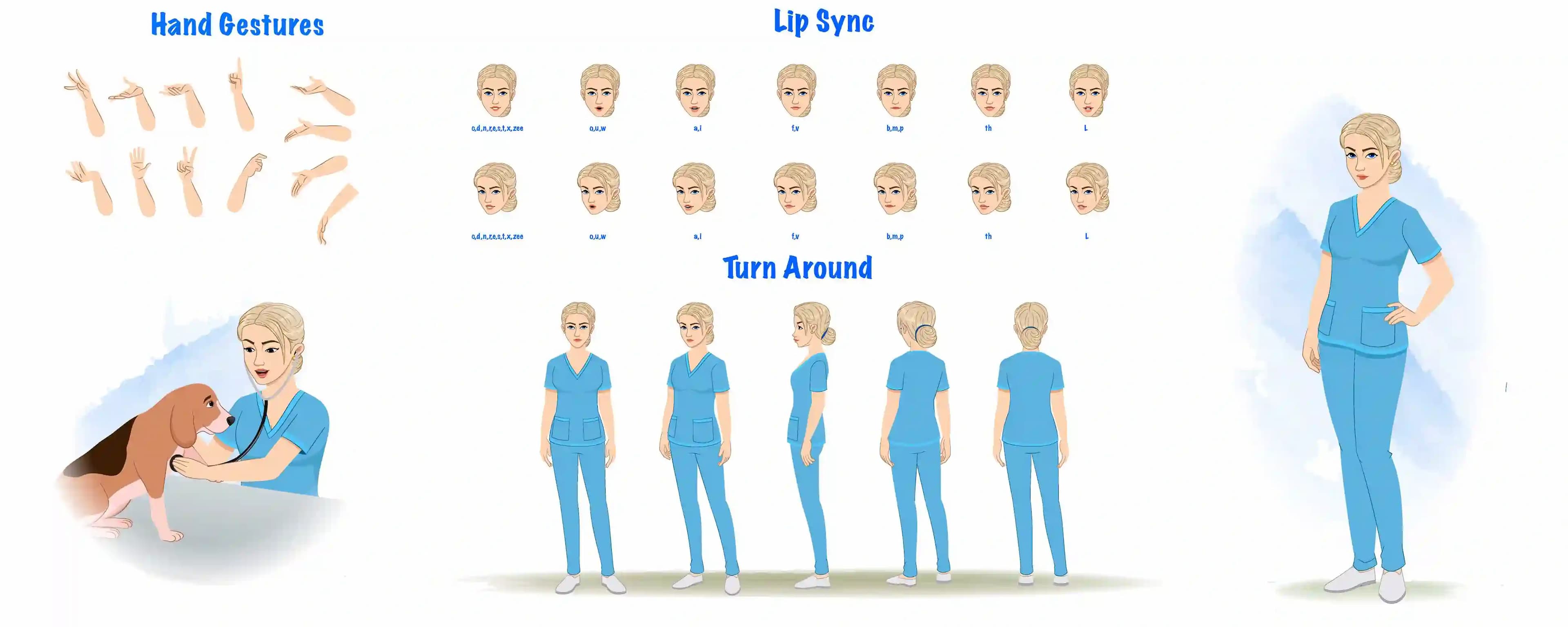 A beautiful female nurse cartoon character construction/model sheet aka amy