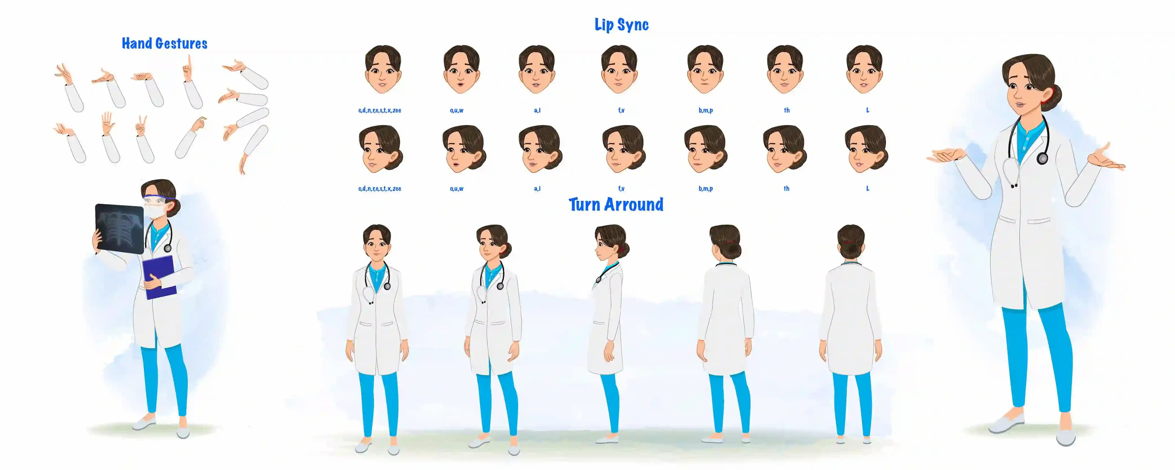 A female radiologist cartoon character construction/model sheet aka dr. meeru