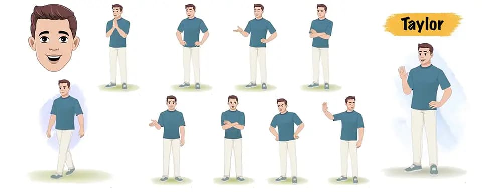 A man in casual clothes animated vector cartoon character model sheet AKA Taylor